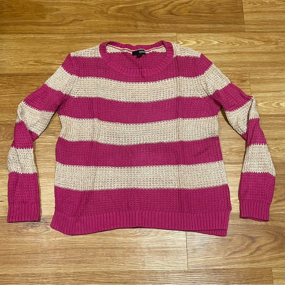 ANA A New Approach Crewneck Sweater, Magenta and Cream Stripe, Size Large